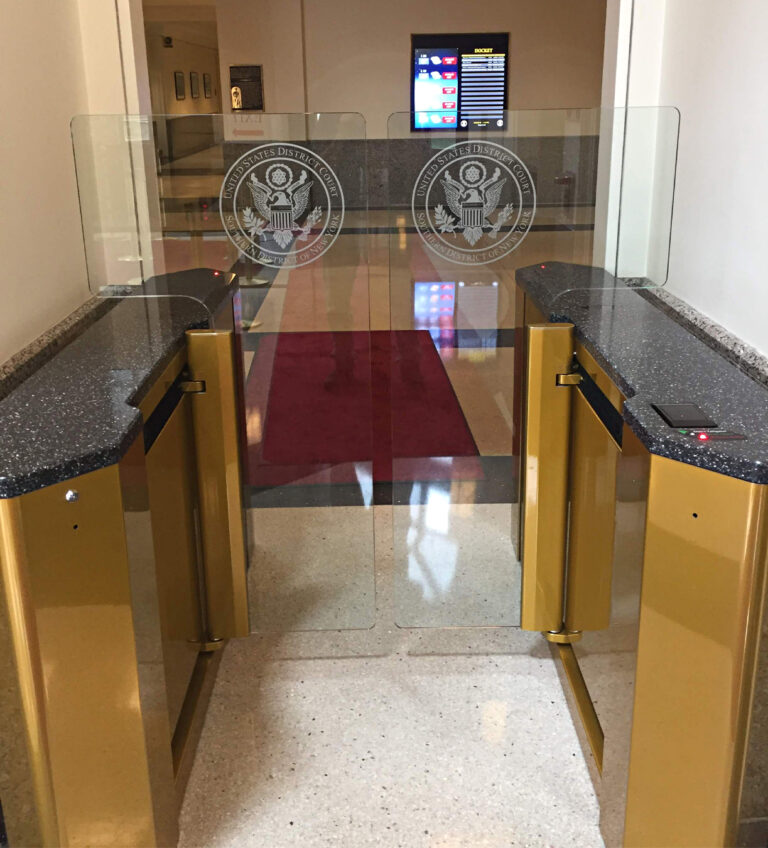 Single Portal with custom color cabinet to match historic building. Also displays our ability to utilize space for normal doorways, not just front lobbies.
